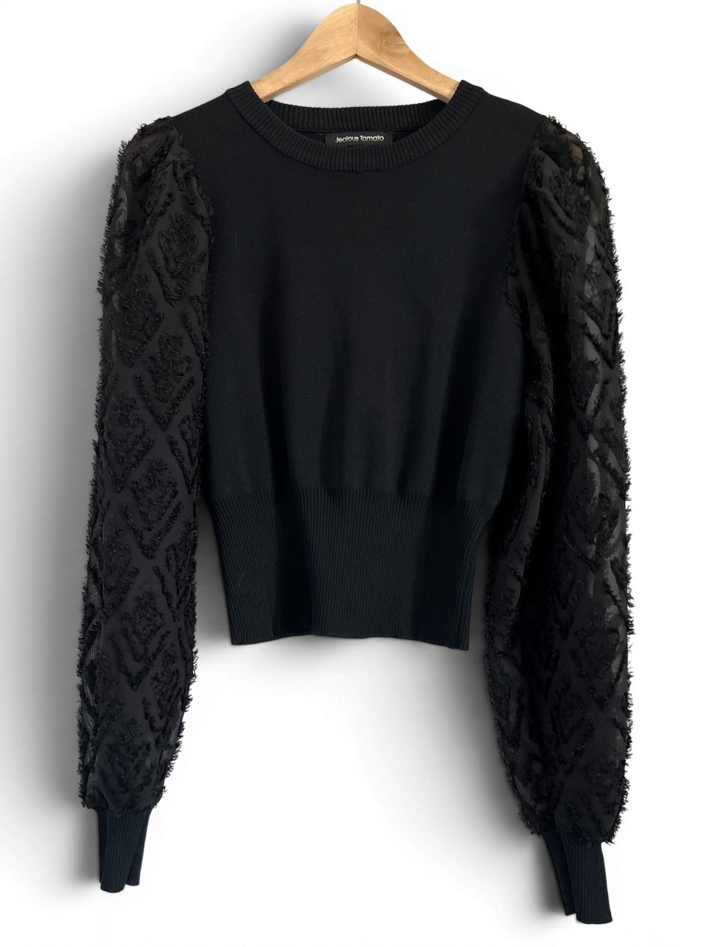 Jealous Tomato Black Sweater Sheer Puff Sleeve Fringe Detail Scoop Neck Size L